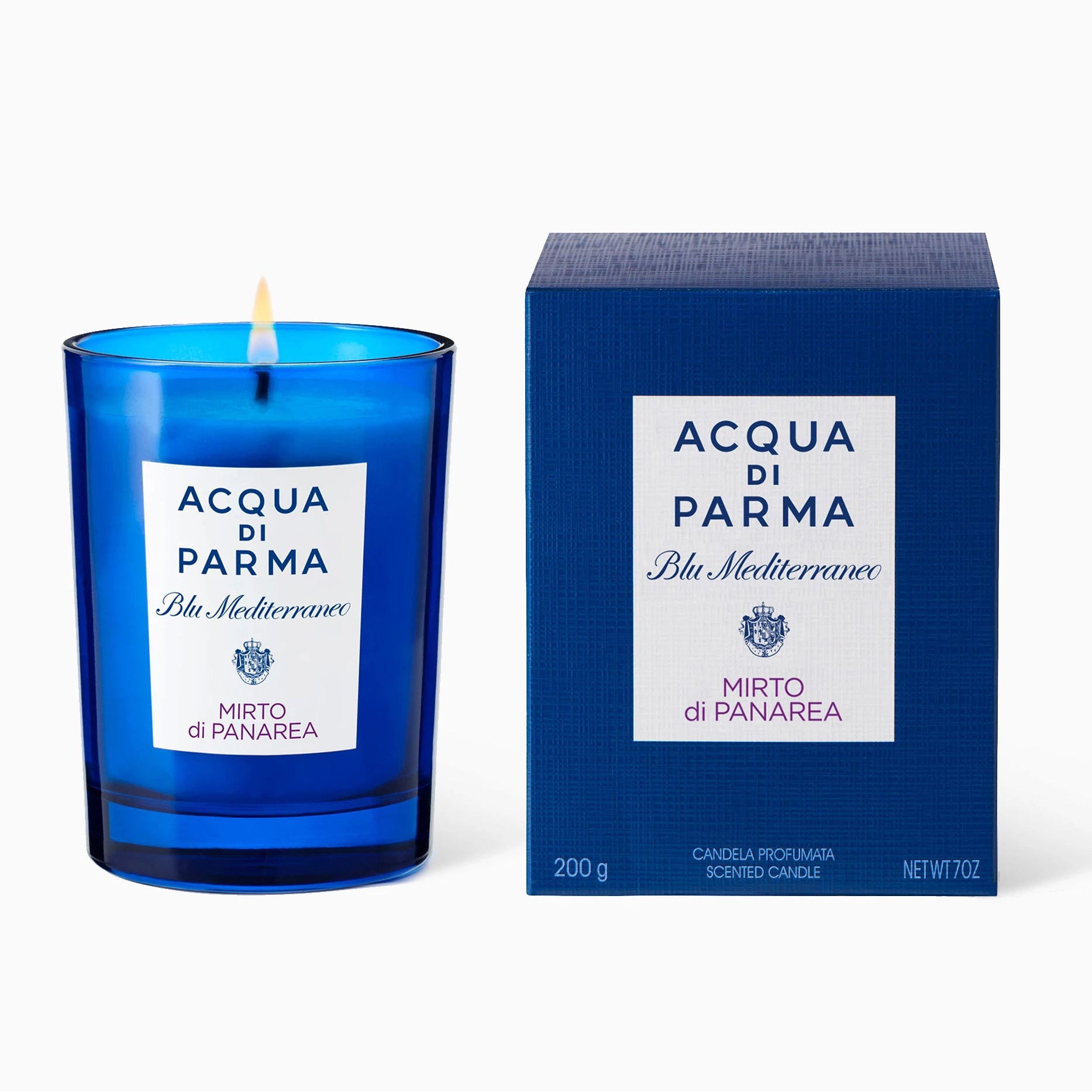 A blue glass scented candle next to its dark blue packaging box, both featuring white labels for Acqua di Parma 'Dita Mediterranea' 'Mirto di Panarea'.
