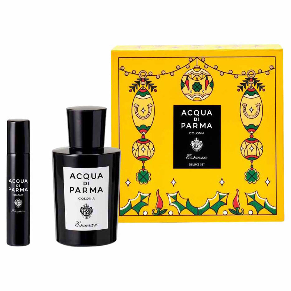 Acqua di Parma Colonia Essenza deluxe set with 100ml Eau de Cologne and 12ml miniature spray in the iconic Art Deco amber glass bottle with signature yellow box