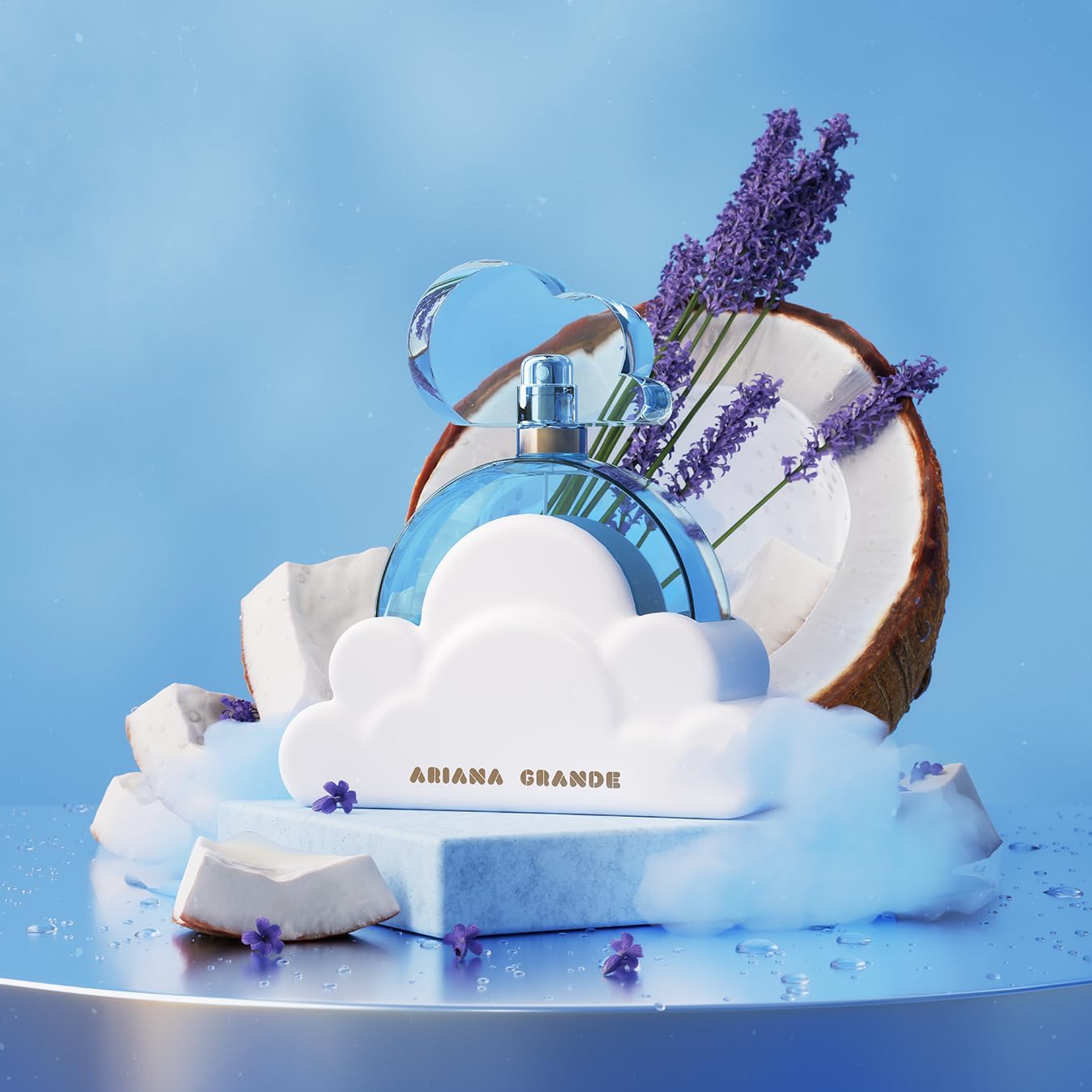 Ariana Grande Cloud Perfume bottle with lavender and coconut on a blue background