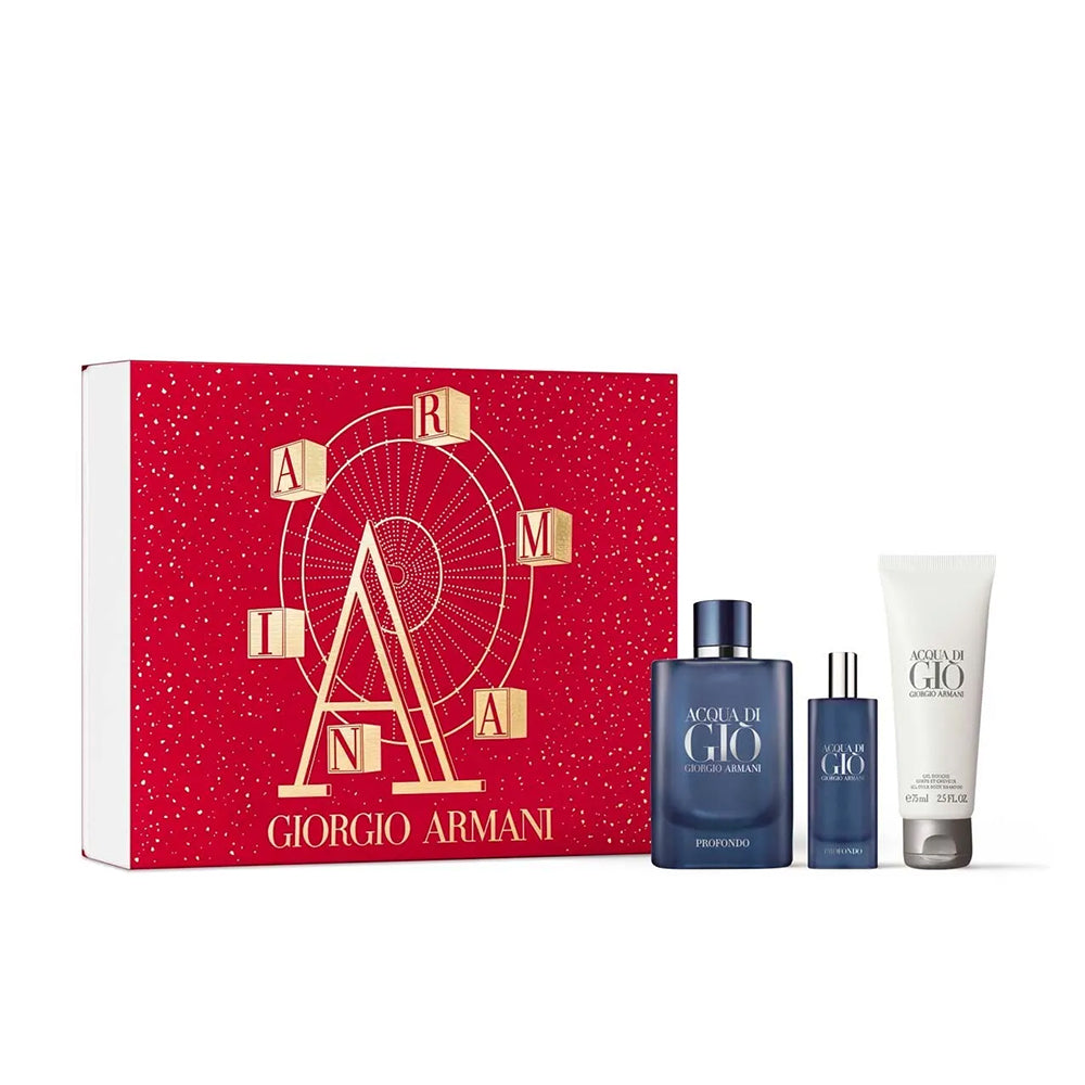 Giorgio Armani Acqua di Giò Profondo Eau De Parfum 125ml 15ml and Body Shampoo 75ml fragrance set with a red box featuring the brand logo