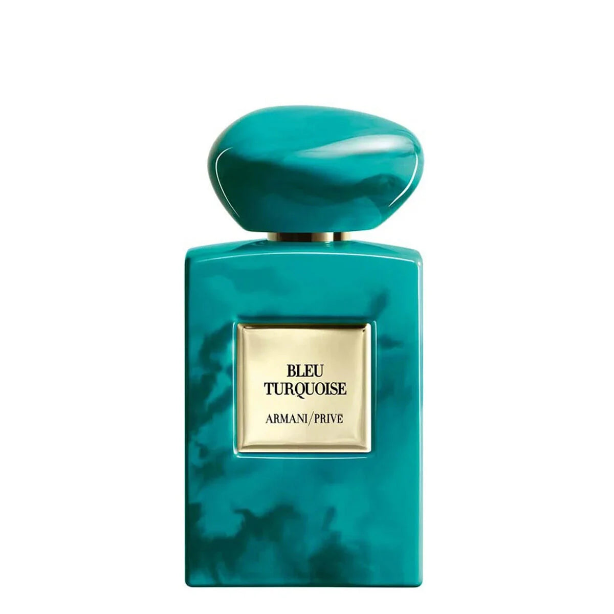 Armani Prive Bleu Turquoise perfume bottle with a glossy marbled turquoise body and a rounded matching cap, featuring a gold label with black text on a white background.