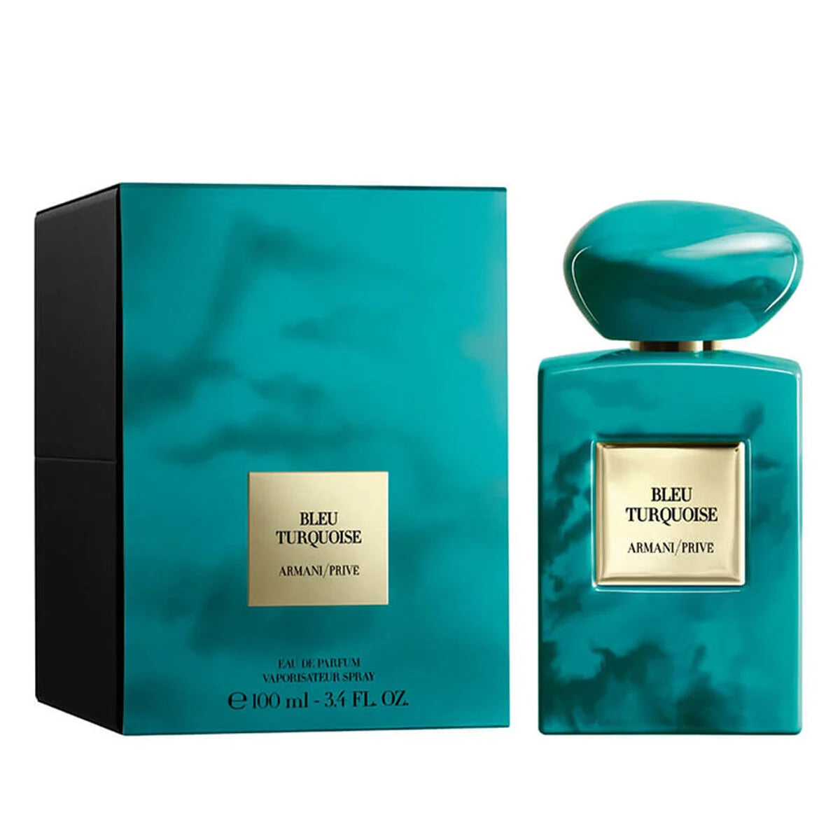 Armani Prive Bleu Turquoise Eau de Parfum bottle and its matching box, featuring a marbled turquoise design with a gold label.