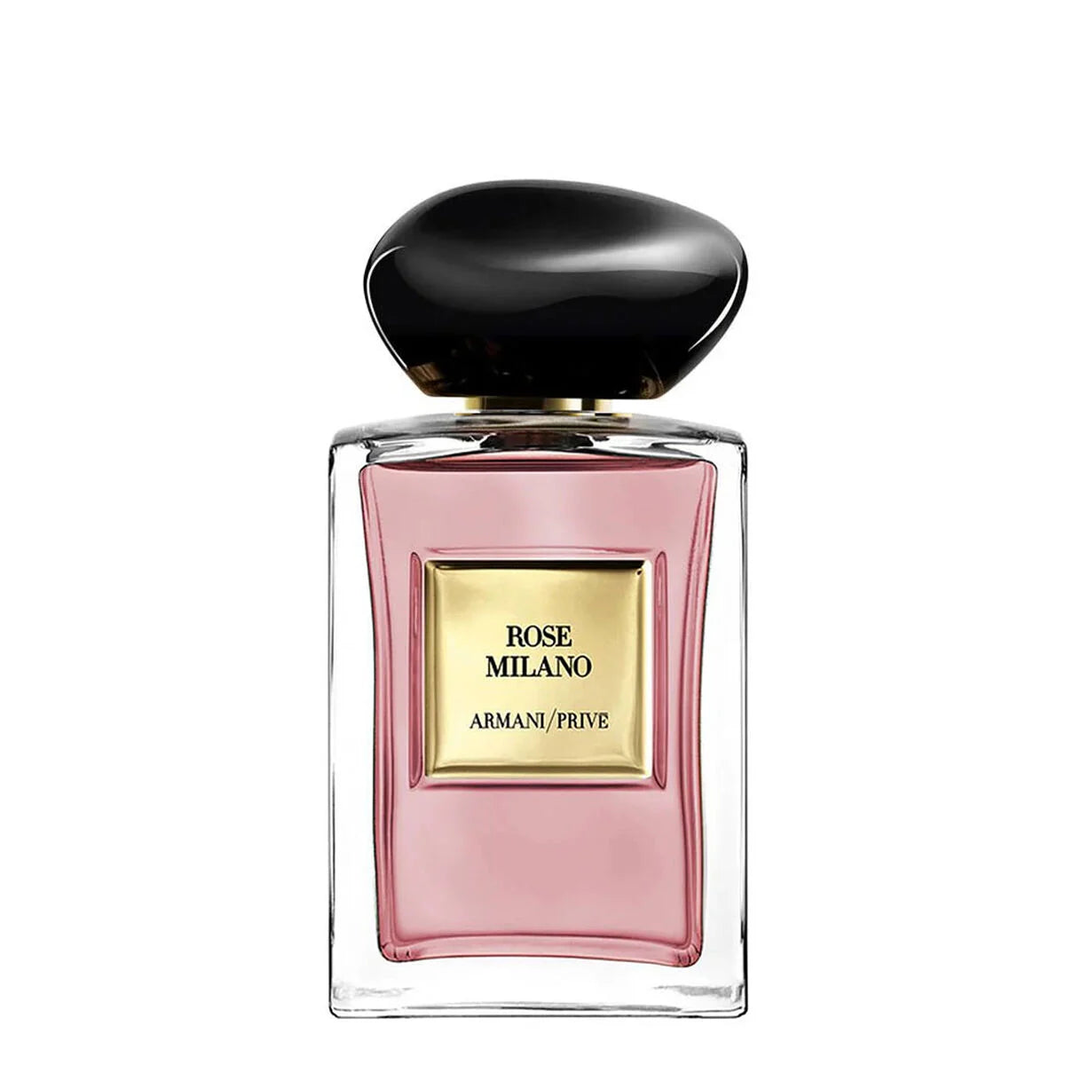 Armani Privé Rose Milano perfume bottle with a pink liquid, a gold label, and a glossy black cap, shown on a plain white background.