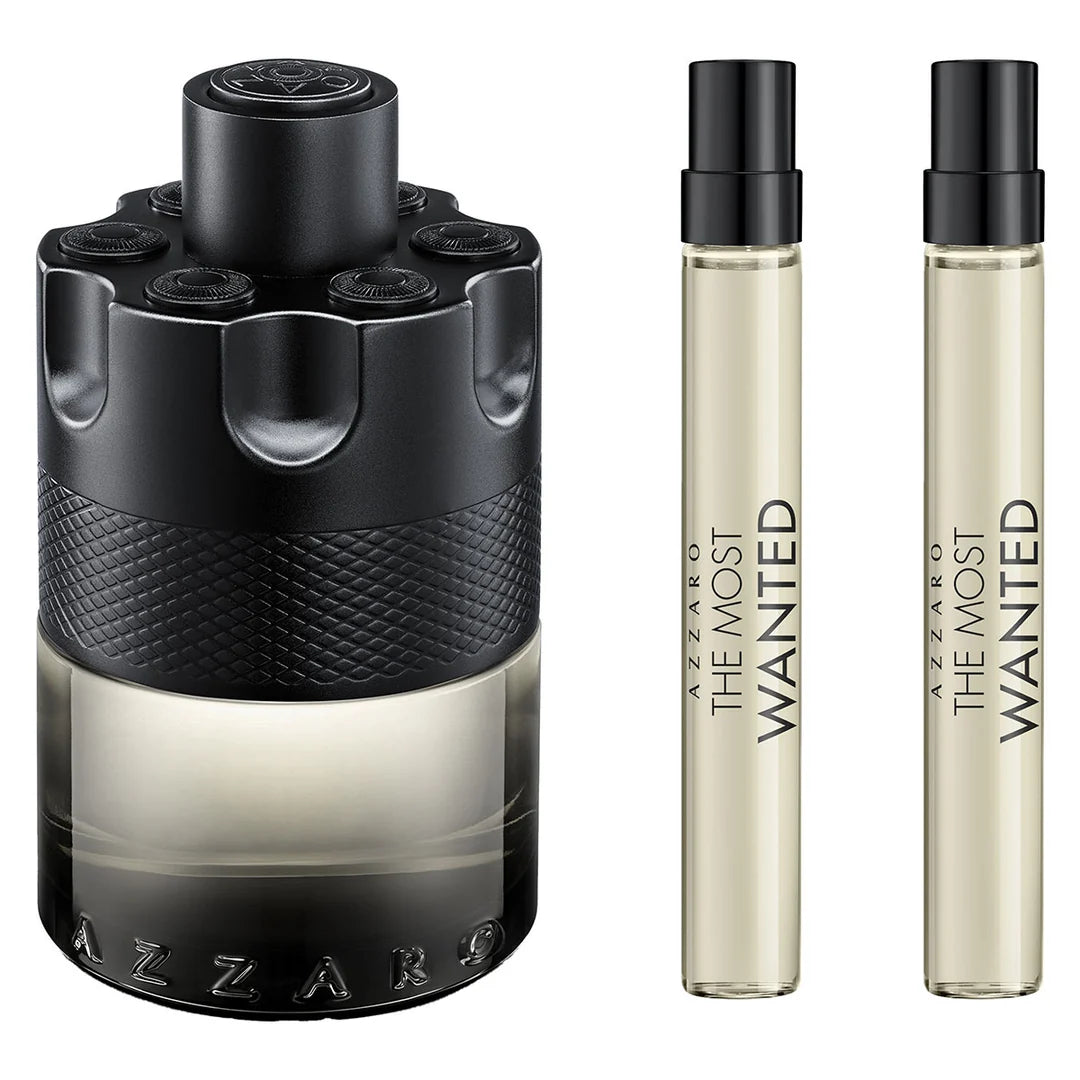 Azzaro The Most Wanted EDT Intense set with 100ml bottle and two 10ml travel sprays.