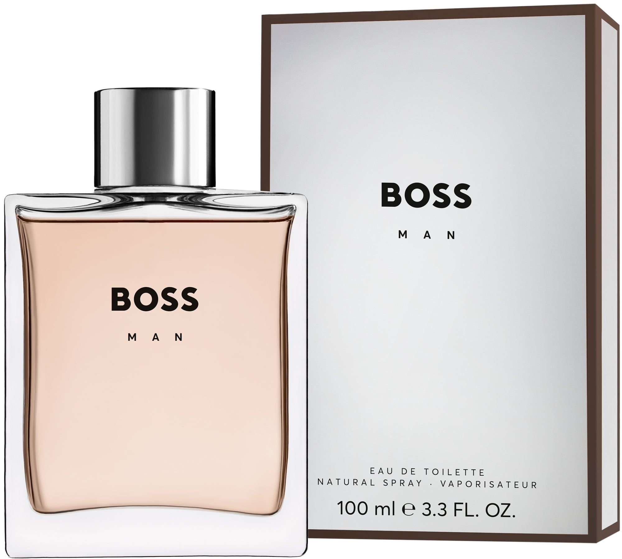 A bottle of BOSS MAN Eau de Toilette natural spray next to its white packaging box with a brown border, on a plain white background.