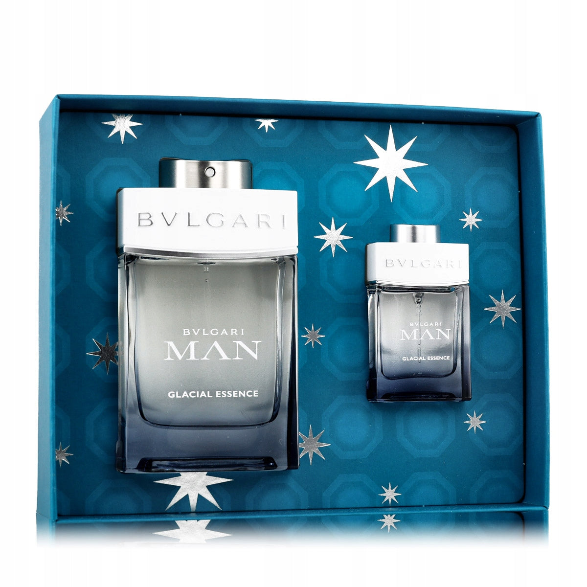 Bvlgari Man Glacial Essence Eau de Parfum set with 100ml and 15ml in the iconic icy blue glacier-inspired bottle