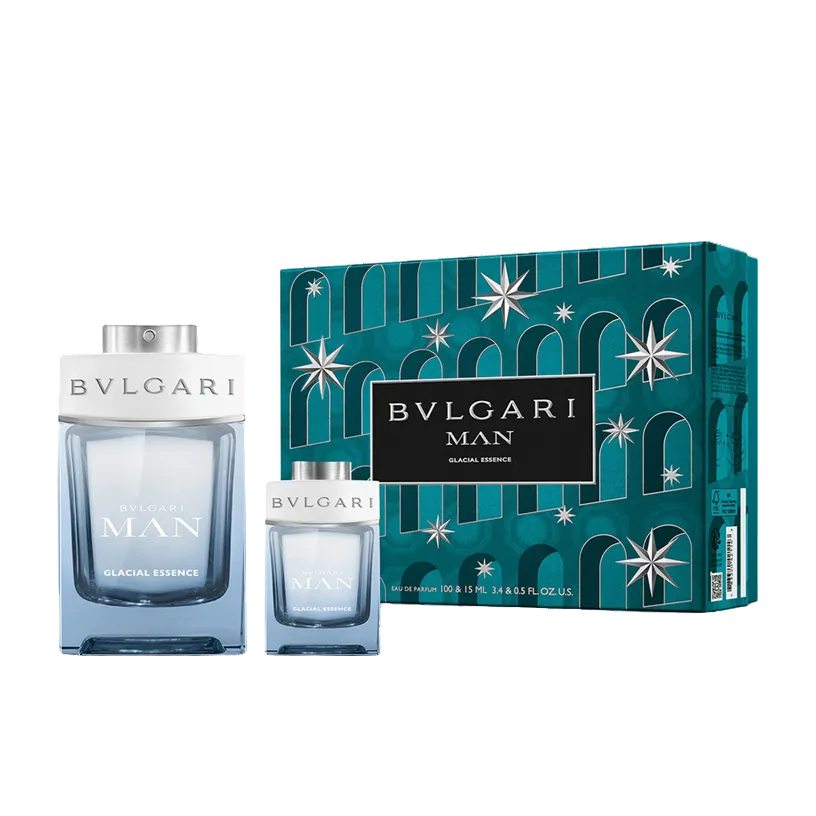 Bvlgari Man Glacial Essence Eau de Parfum set with 100ml and 15ml in the iconic icy blue glacier-inspired bottle