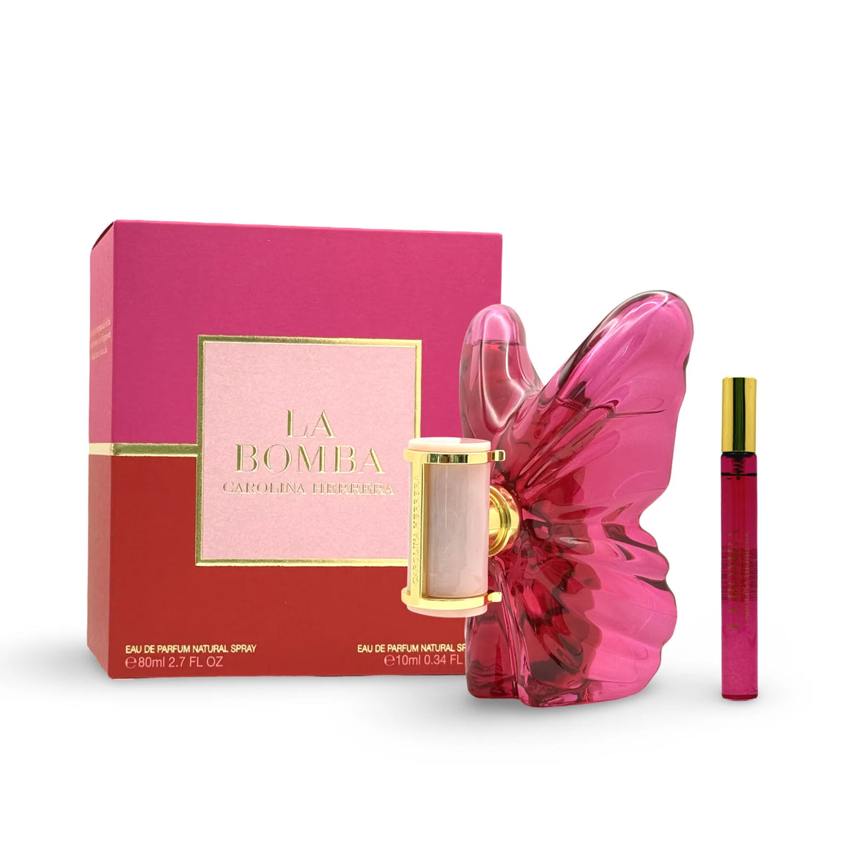 Carolina Herrera La Bomba Eau de Parfum set with 80ml and 10ml in the iconic butterfly-shaped fuchsia bottle with rose quartz stone and golden Insignia cap