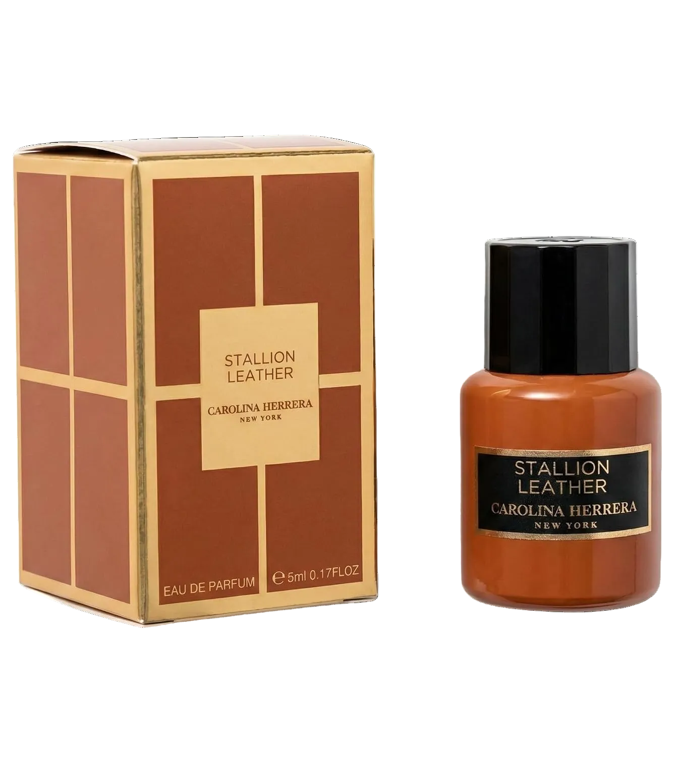 Carolina Herrera Stallion Leather Eau de Parfum 5ml bottle next to its original brown and gold box packaging, on a solid white background.