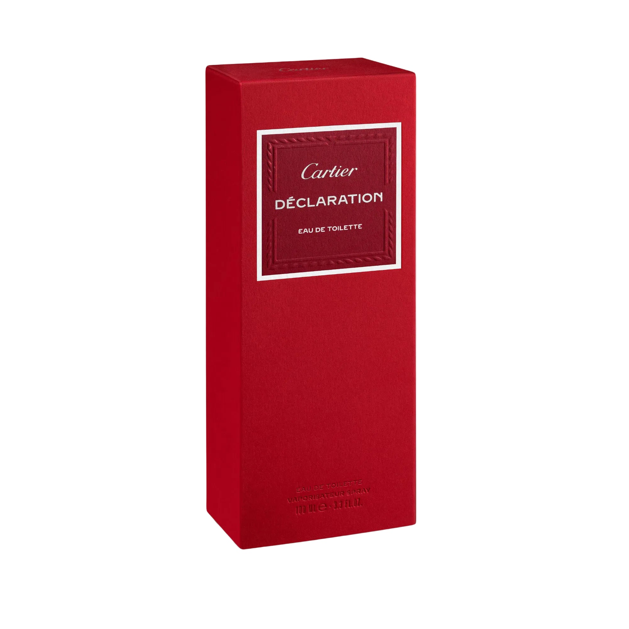 Red Cartier Declaration perfume box on a light gray background