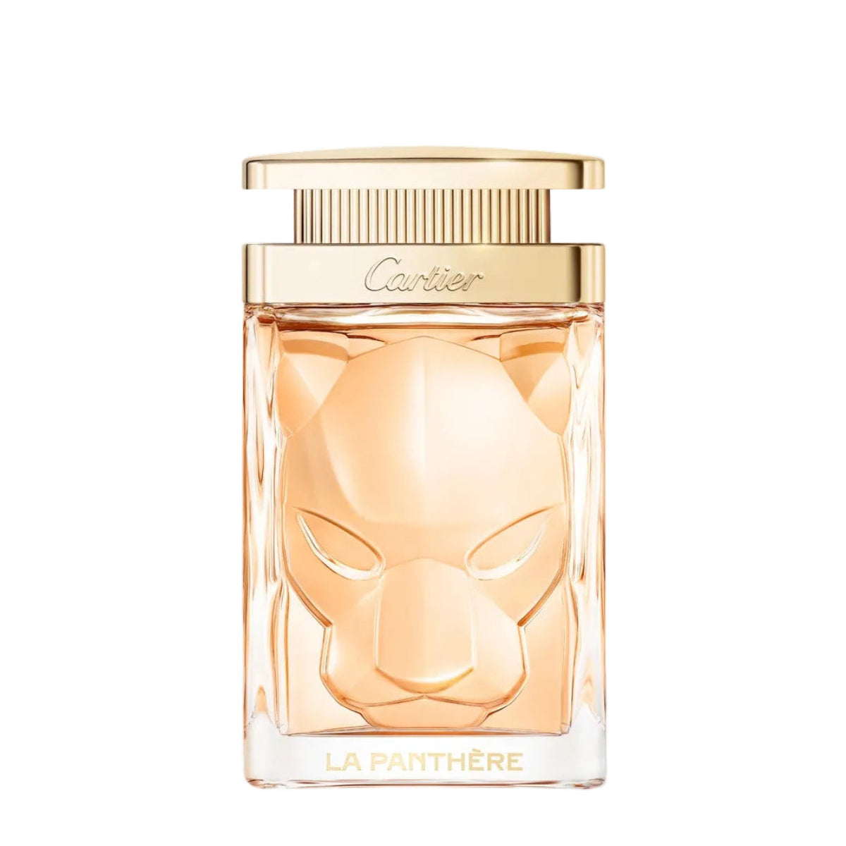 Cartier La Panthère perfume bottle with a faceted clear glass body showing peach-colored liquid, topped with a gold cap and featuring the Cartier logo.