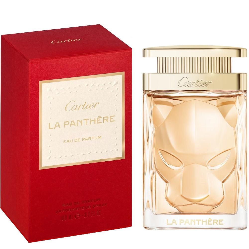 Cartier La Panthere perfume bottle and packaging on a white background