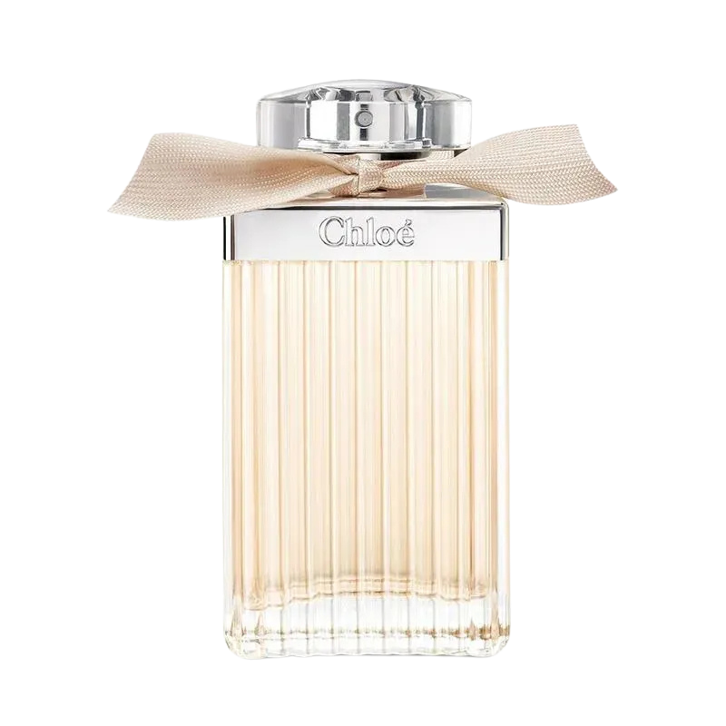 Chloé 125ml perfume bottle with a silver cap, a beige ribbon bow, and a fluted clear glass body, on a white background.