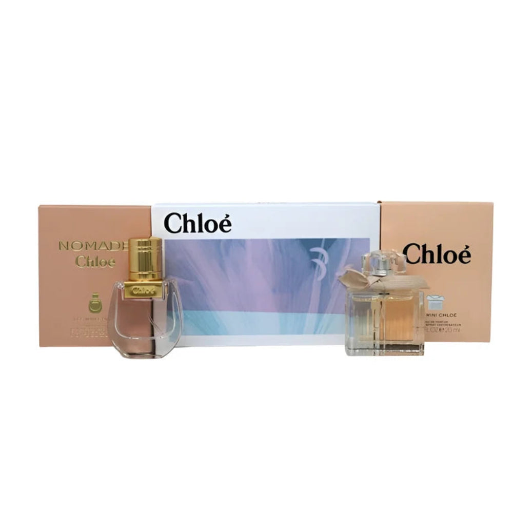 Chloé EDP and Chloé Nomade EDP set with two 20ml bottles — the iconic pleated Chloé bottle with ribbon alongside the O-shaped Nomade bottle