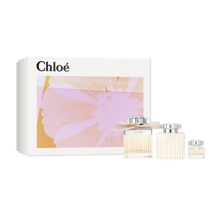 Chloé Eau De Parfum Gift Set with 100ml bottle, 5ml miniature, and 100ml body lotion in signature beige packaging