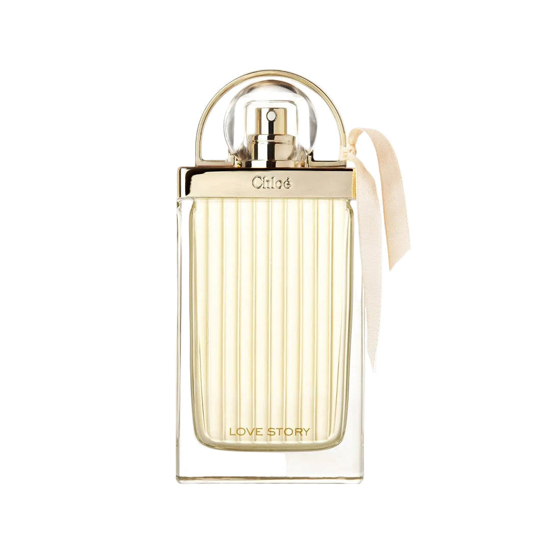 Chloé Love Story Eau de Parfum bottle with pleated glass, padlock charm and ribbon detail