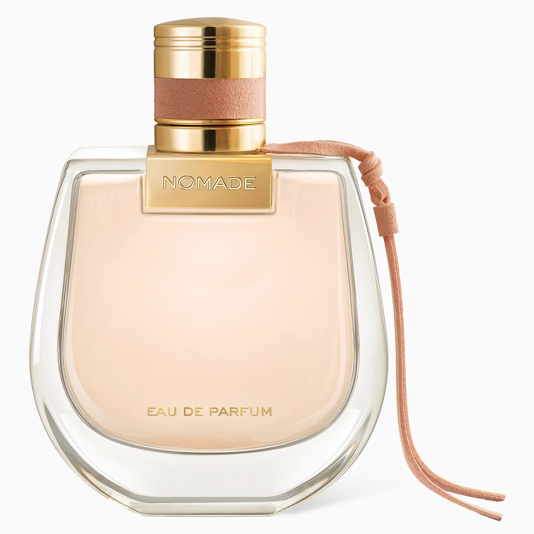 Chloé Nomade Eau de Parfum 75ml bottle with sculptural O-shaped silhouette and pink ribbon detail