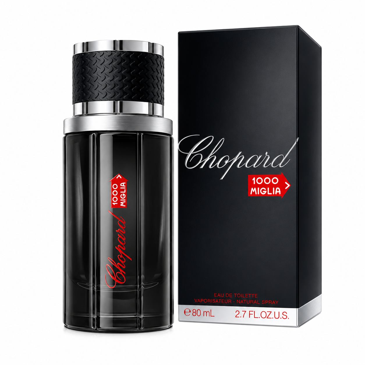 Chopard Moir Moir 1000 Miglia Eau de Parfum bottle and its black packaging box, featuring a dark glass bottle with a textured black cap and silver accents, next to its black box with red and white lettering.