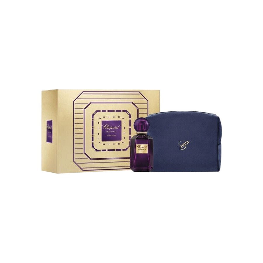 Chopard Imperiale Iris Malika perfume bottle with a pouch on a white background