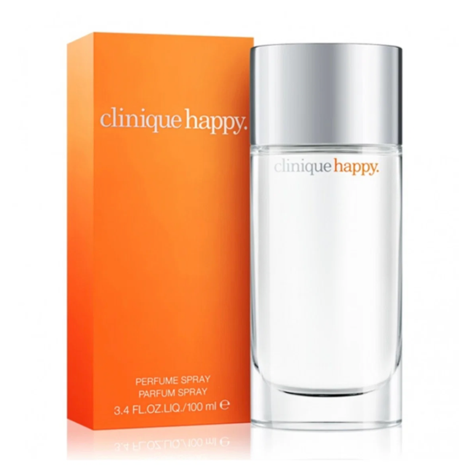Clinique Happy perfume spray bottle next to its bright orange packaging box on a white background.