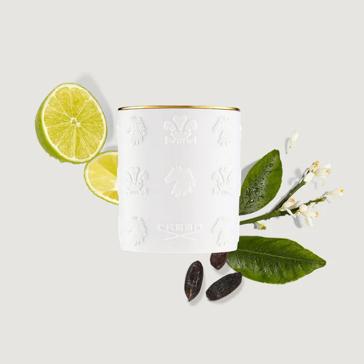 A white scented candle with a gold rim and embossed botanical patterns, styled with lime slices, green leaves, and small white blossoms on a light gray background. The brand name CREED is embossed on the front.