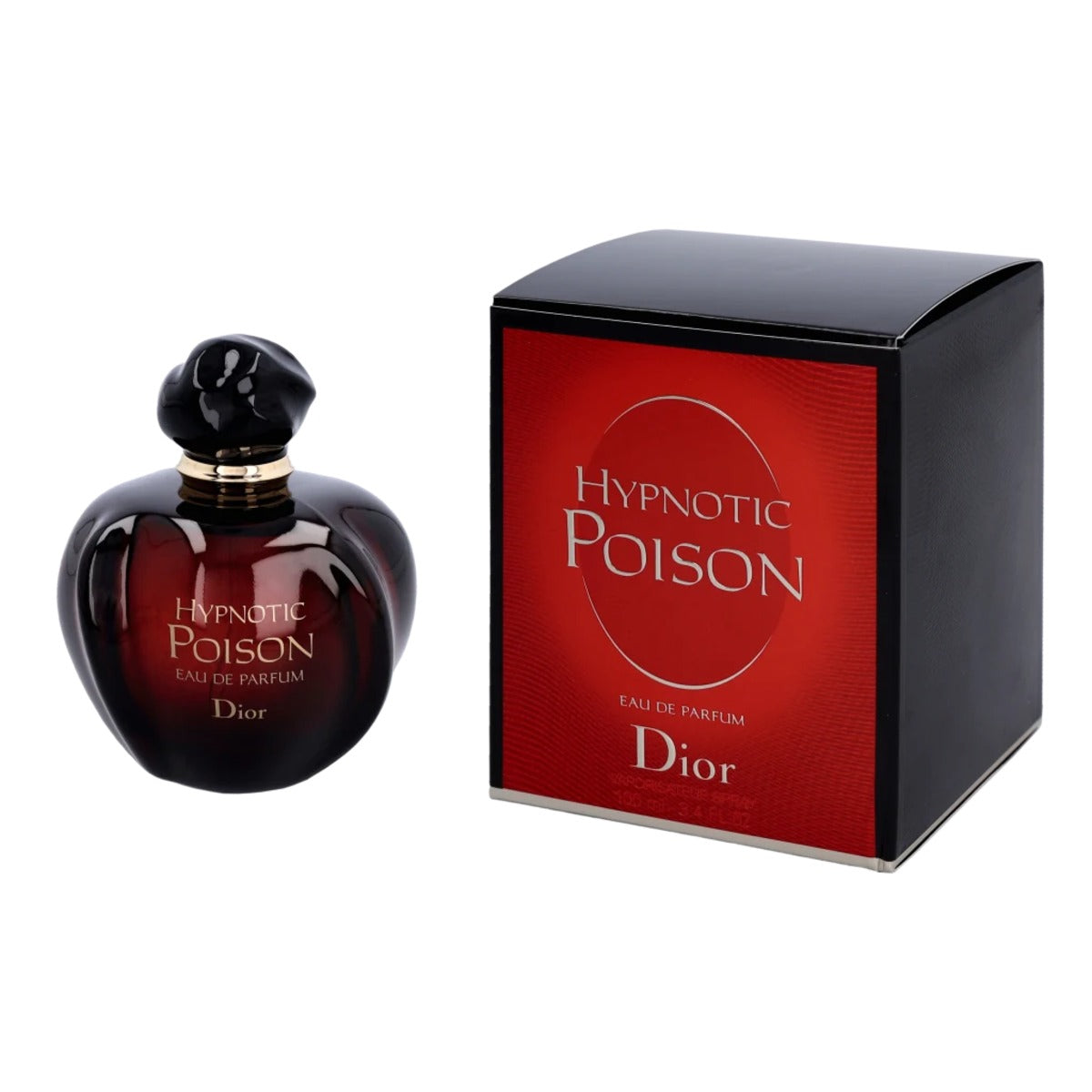 Dior Hypnotic Poison Eau de Parfum bottle in a dark red glass bottle with a black cap, shown next to its black and red retail box on a white background.