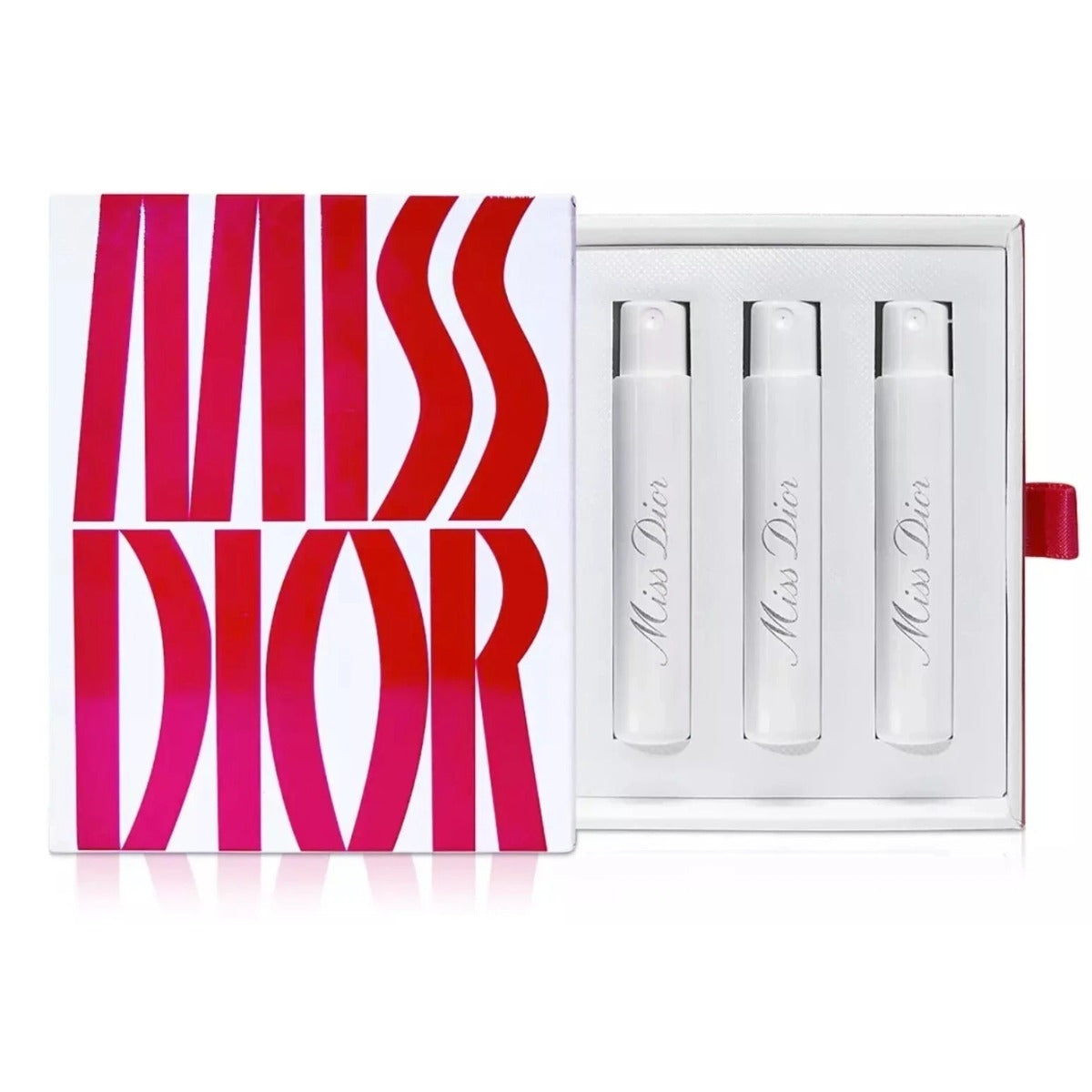 Dior Miss Dior perfume discovery set featuring a white box with bold red and pink lettering next to three spray vials