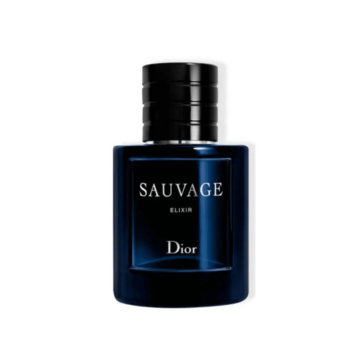 Dior Sauvage Elixir fragrance bottle in dark blue glass with a black cap, centered on a white background.