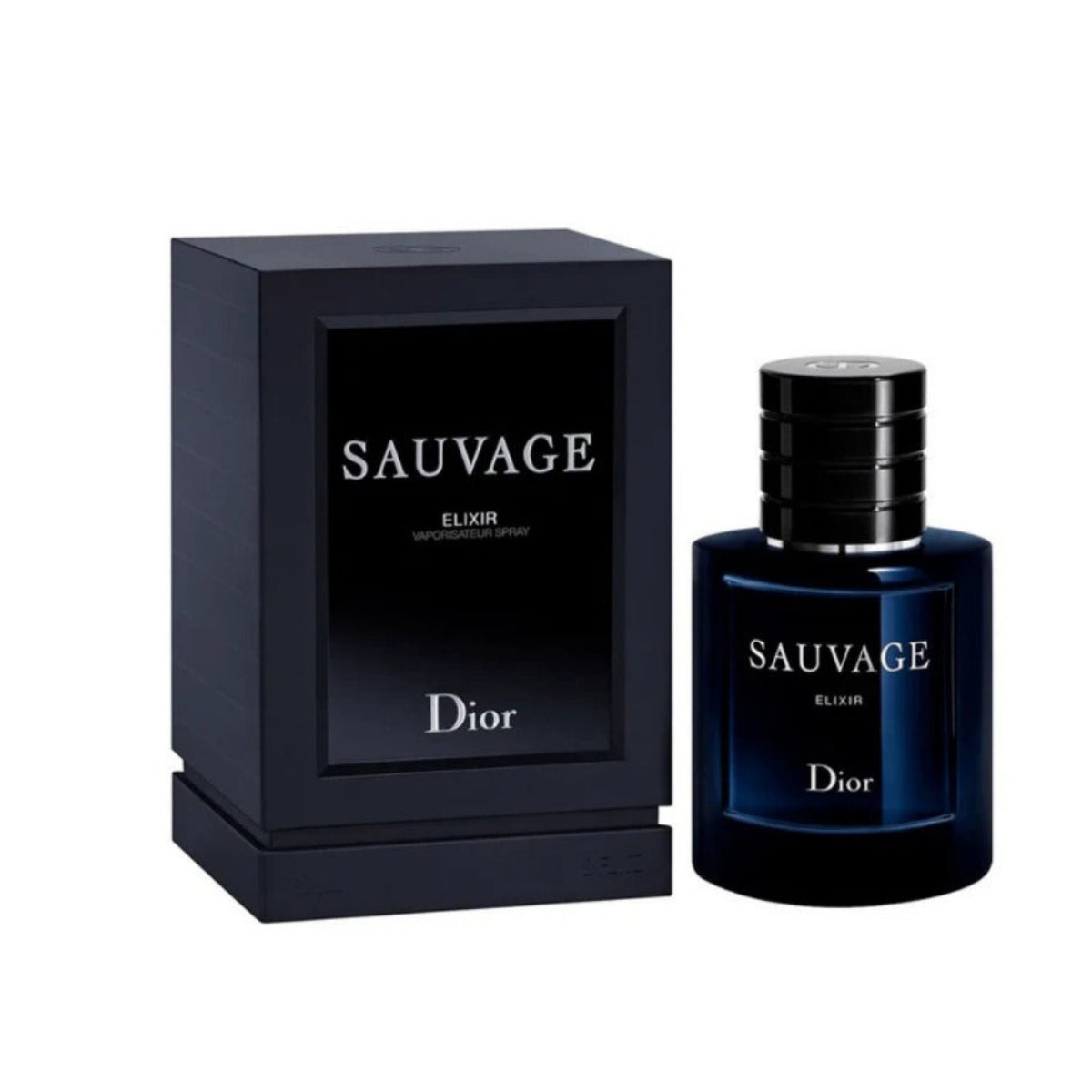 Dior Sauvage Elur Eau de Parfum bottle in dark blue glass next to its black presentation box, featuring silver lettering, on a solid white background.