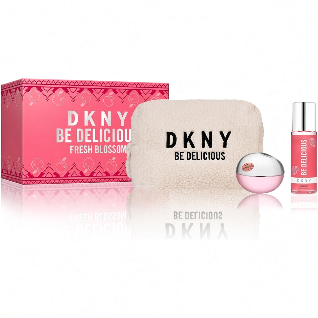DKNY Be Delicious Fresh Blossom fragrance gift set featuring a pink patterned box, a pouch with black DKNY branding, a pink perfume bottle, and a small pink fragrance mist bottle with a silver cap
