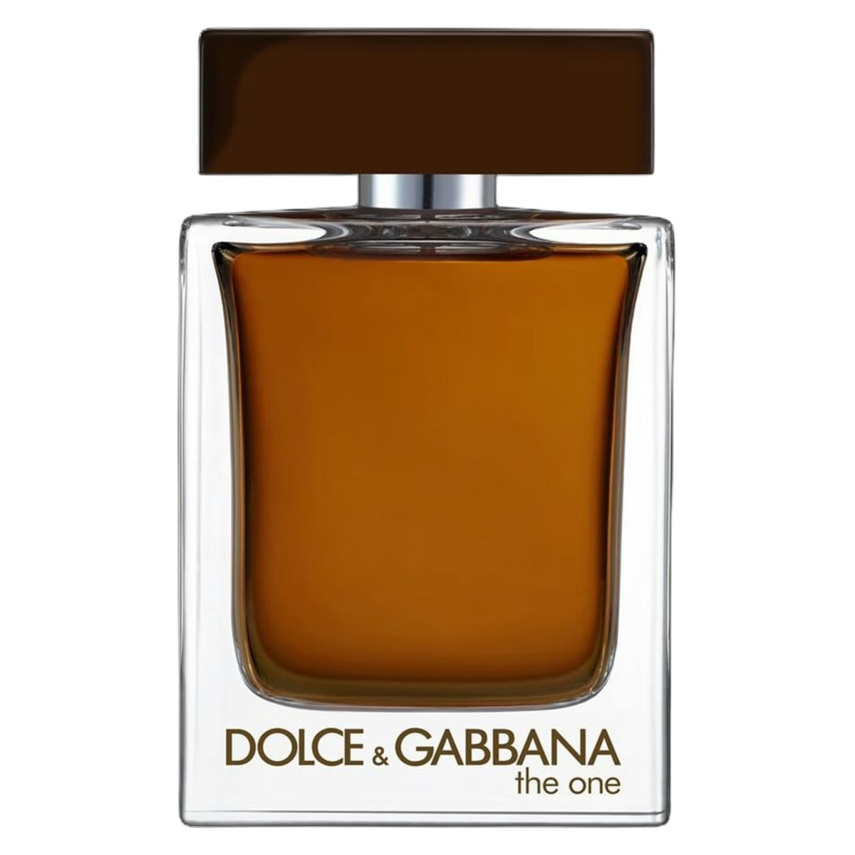 Dolce & Gabbana The One Eau de Parfum perfume bottle with an amber-brown liquid, a dark brown rectangular cap, and gold lettering on a white background.
