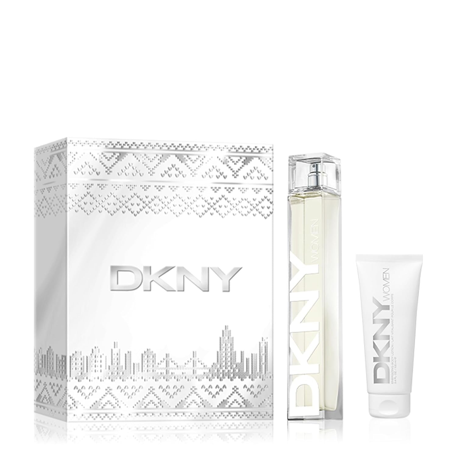 Donna Karan Women Energizing Eau de Parfum 100ml and 100ml body lotion set in the signature frosted glass bottle with silver DKNY branding