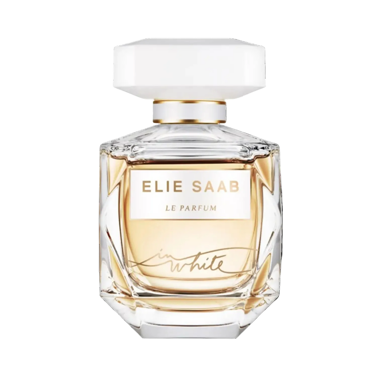 Elie Saab Le Parfum In White Eau de Parfum 90ml in the iconic crystal-shaped bottle with white geometric lid and Elie Saab logo