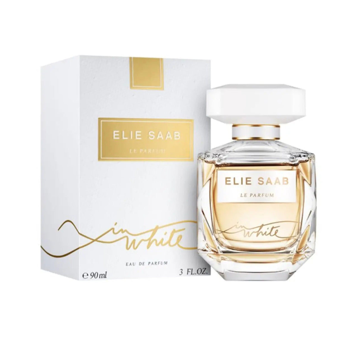 Elie Saab Le Parfum In White Eau de Parfum 90ml in the iconic crystal-shaped bottle with white geometric lid and Elie Saab logo