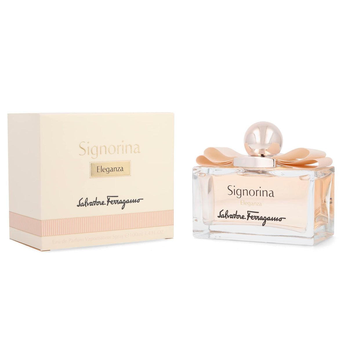 Ferragamo Signorina Eleganza Eau de Parfum 100ml in the signature nude beige bottle with gold Ferragamo branding and elegant feminine design
