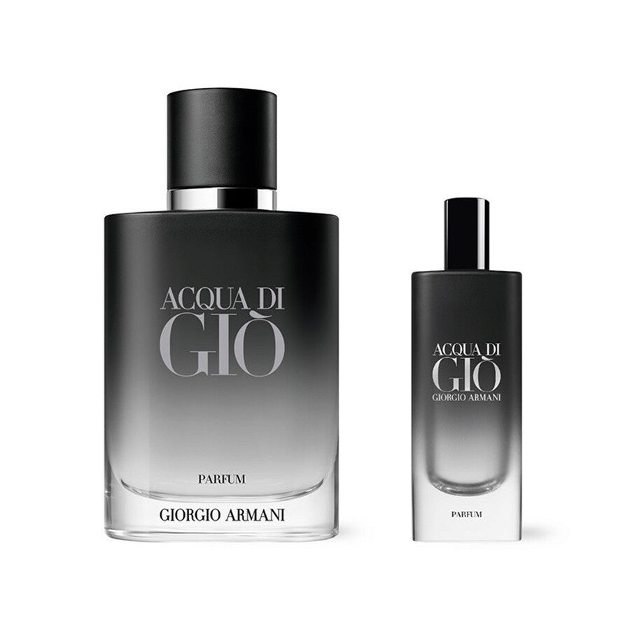 Close-up of Giorgio Armani Acqua Di Gio Parfum for Men 100ml and 15ml bottles showcasing elegant glass design