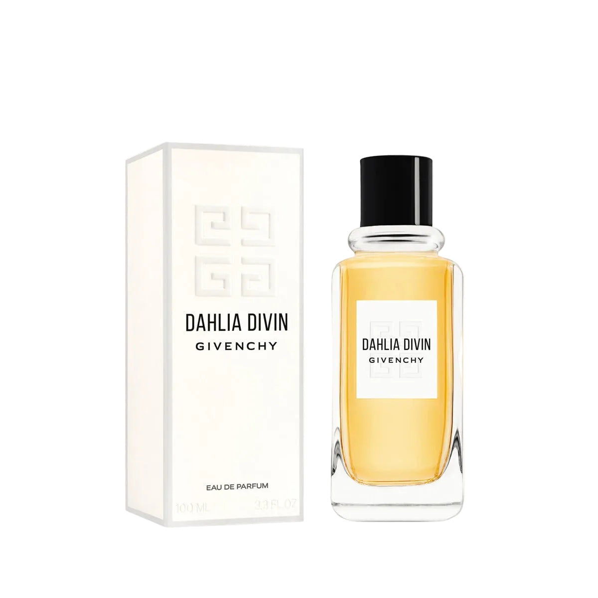 Givenchy Dahlia Divin Eau de Parfum bottle with amber-yellow liquid and a black cap, shown next to its white packaging box on a clean white background.