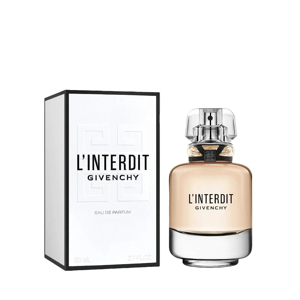 Givenchy L'Interdit Eau de Parfum 80ml bottle in sculptural clear glass with ribbon detail
