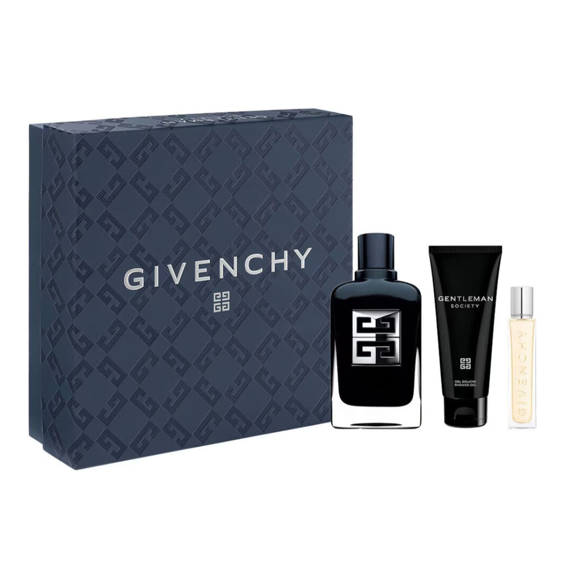Givenchy Gentleman Society set with 100ml, shower gel and miniature on a white background