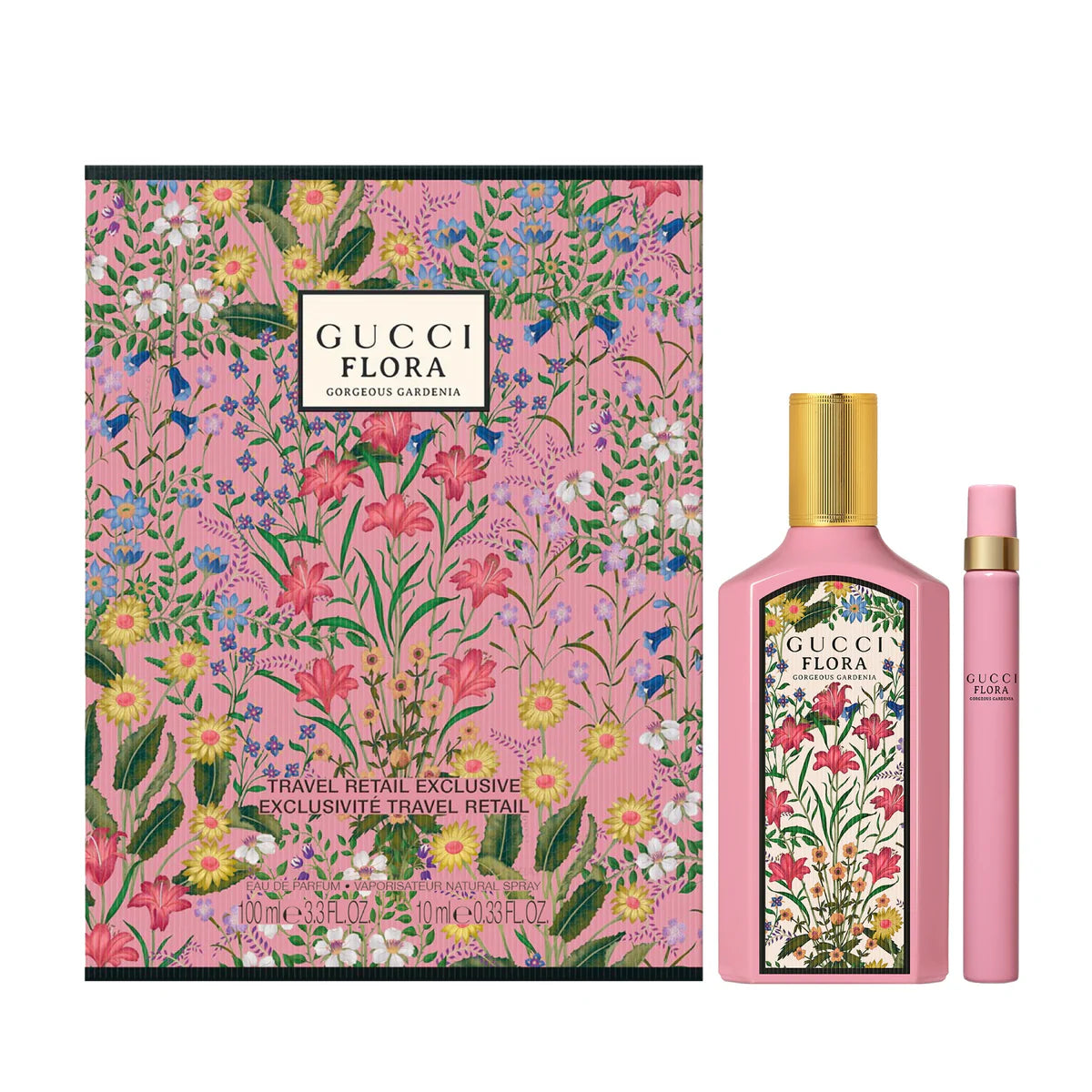 Gucci Flora perfume set with floral packaging on a white background