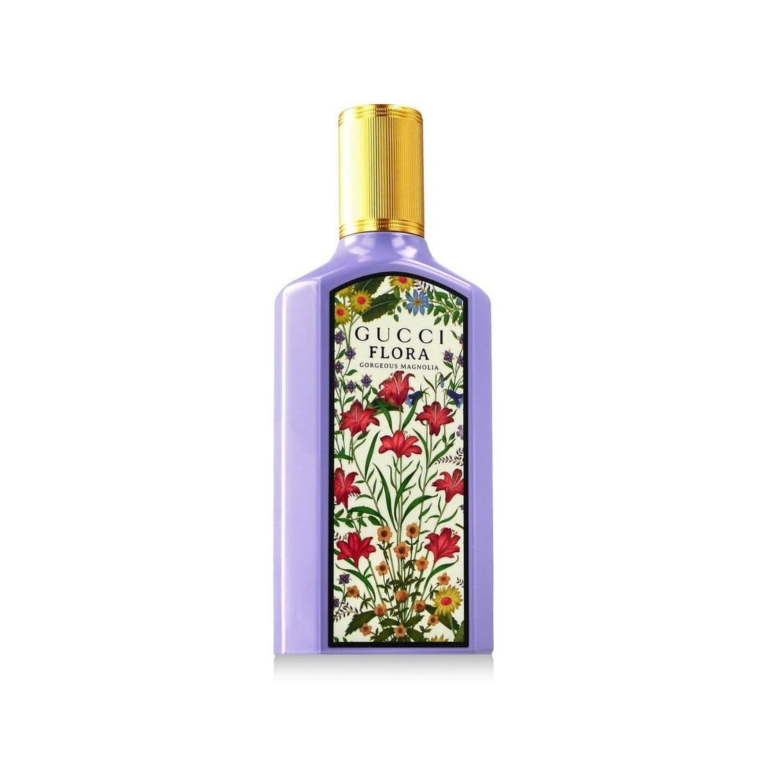 Gucci Flora perfume bottle with floral design on a white background