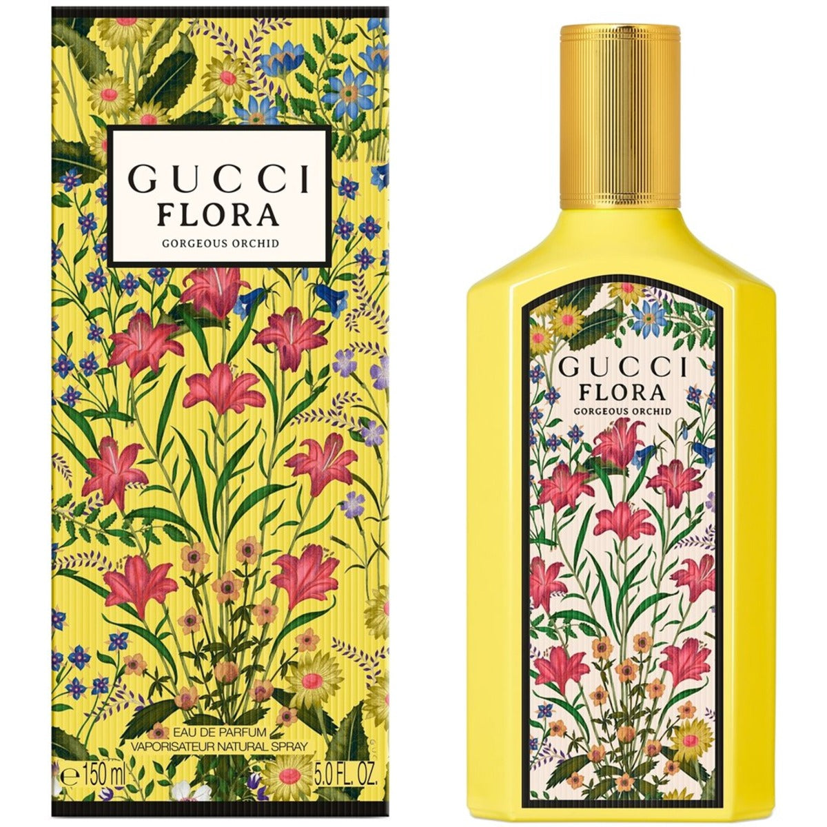 Gucci Flora Gorgeous Orchid Eau de Parfum 150ml in the iconic Flora bottle with classic floral pattern and golden metal cap