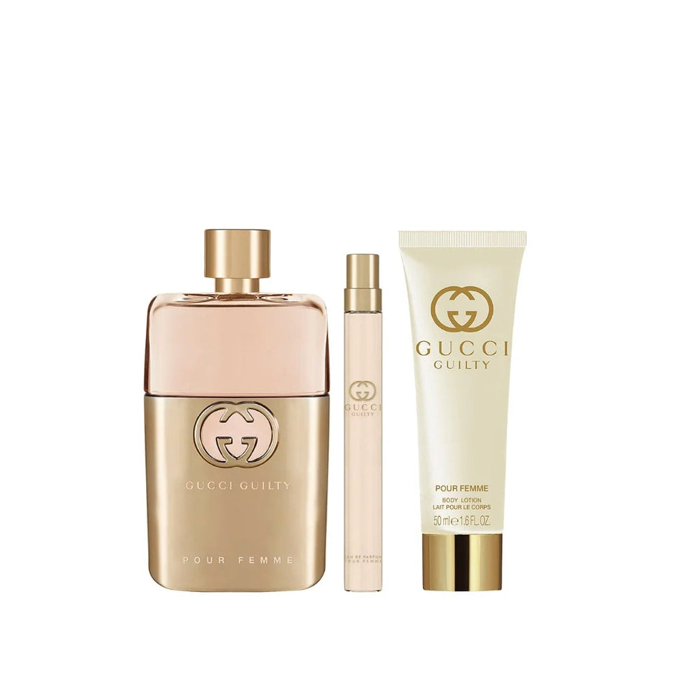 Gucci Guilty Pour Femme Eau de Parfum gift set with 90ml and 10ml bottles and 50ml body lotion