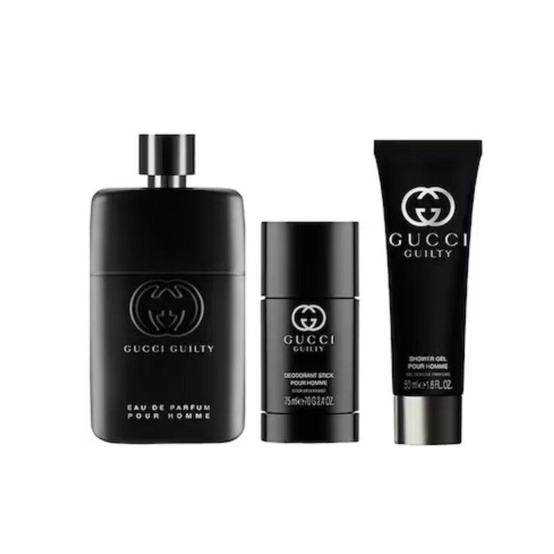 Gucci Guilty Pour Homme Eau de Parfum 90ml with Deodorant Stick 75ml and Shower Gel 50ml in the matte black bottle with silver cap and embossed G logo