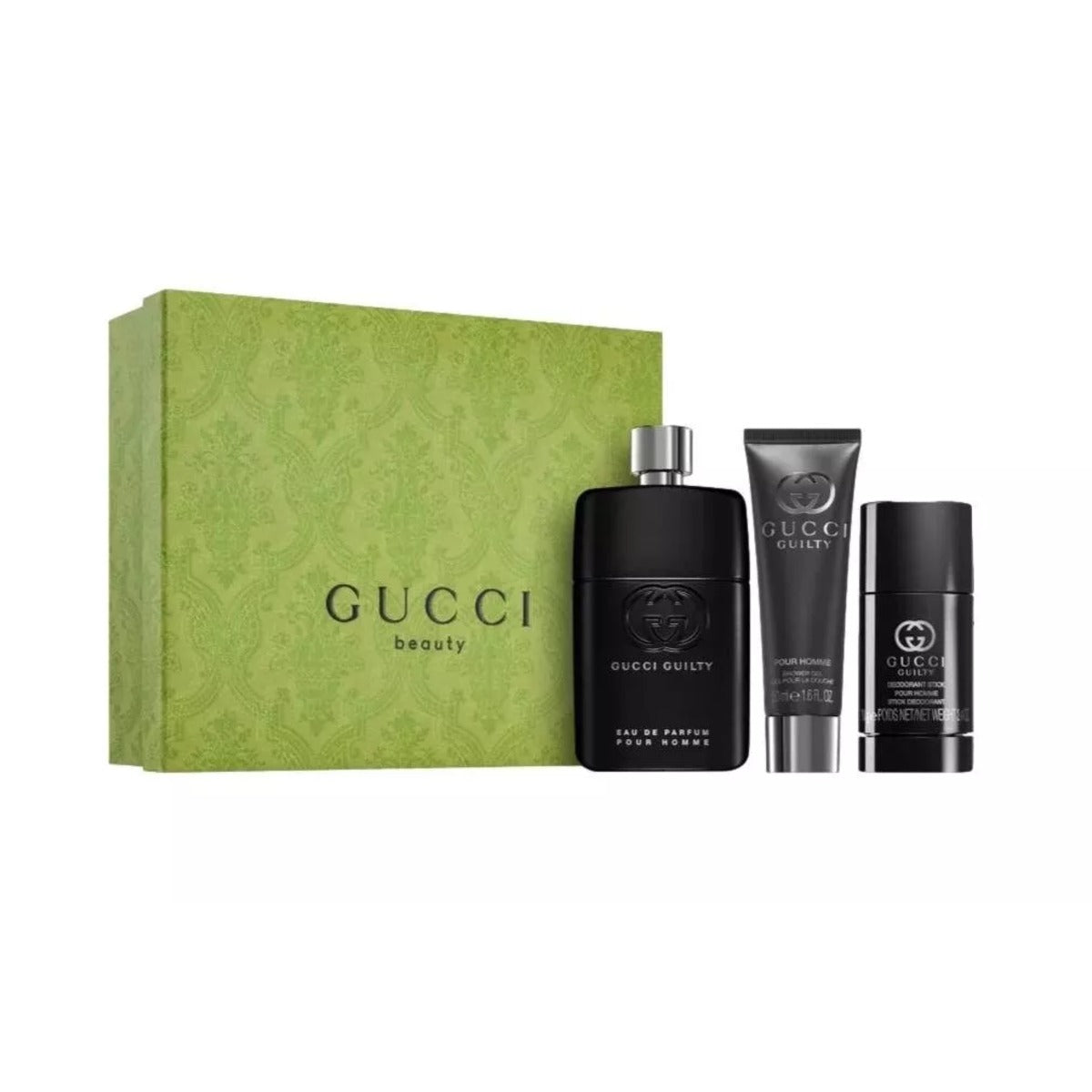 Gucci Guilty Pour Homme Eau de Parfum 90ml with Deodorant Stick 75ml and Shower Gel 50ml in the matte black bottle with silver cap and embossed G logo
