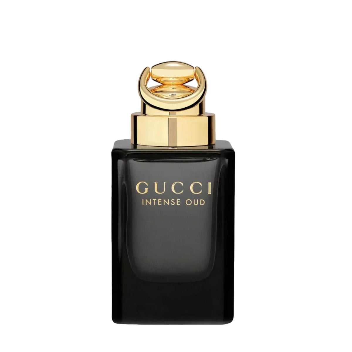 Gucci Intense Oud perfume bottle in a glossy black rectangular glass with a polished gold cap and gold lettering, centered on a clean white background.