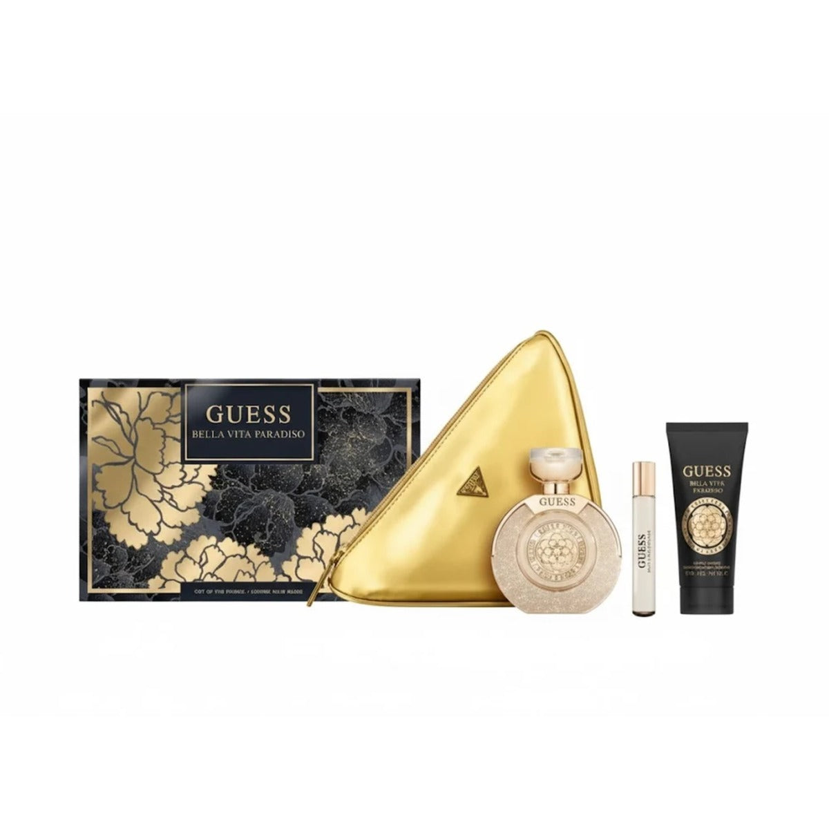 GUESS Belle Vita Paradiso gift set featuring a black and gold floral patterned box, a gold triangular zip pouch, a round gold perfume bottle, a small travel spray, and a black body lotion tube on a white background.