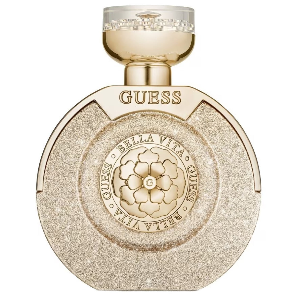 Guess Bella Vita paradiso perfume bottle in a gold and glitter finish with a clear cap, on a white background.
