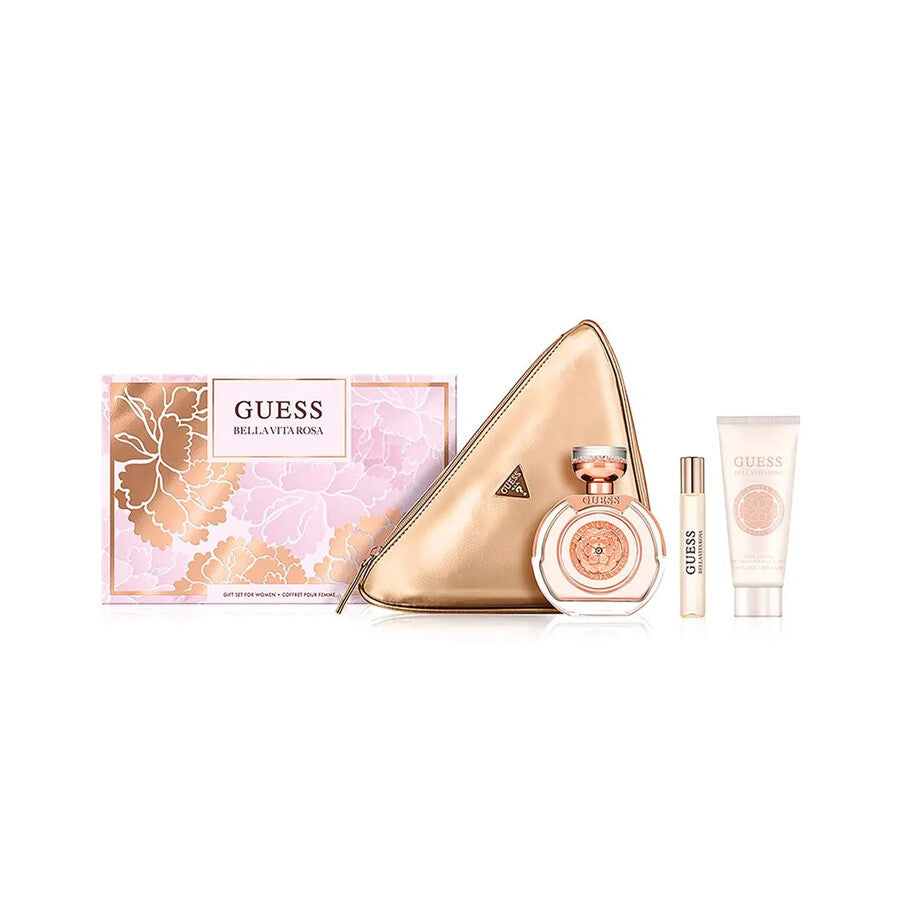 Guess Bella Vita Rosa Eau de Toilette 100ml gift set with travel spray, body lotion, and pouch