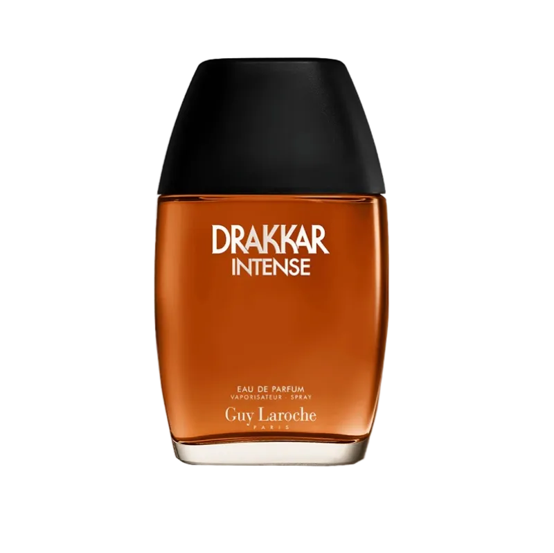 A bottle of Guy Laroche Drakkari Intense Eau de Parfum with amber-colored liquid, a black cap, and white lettering, set against a light gray background.